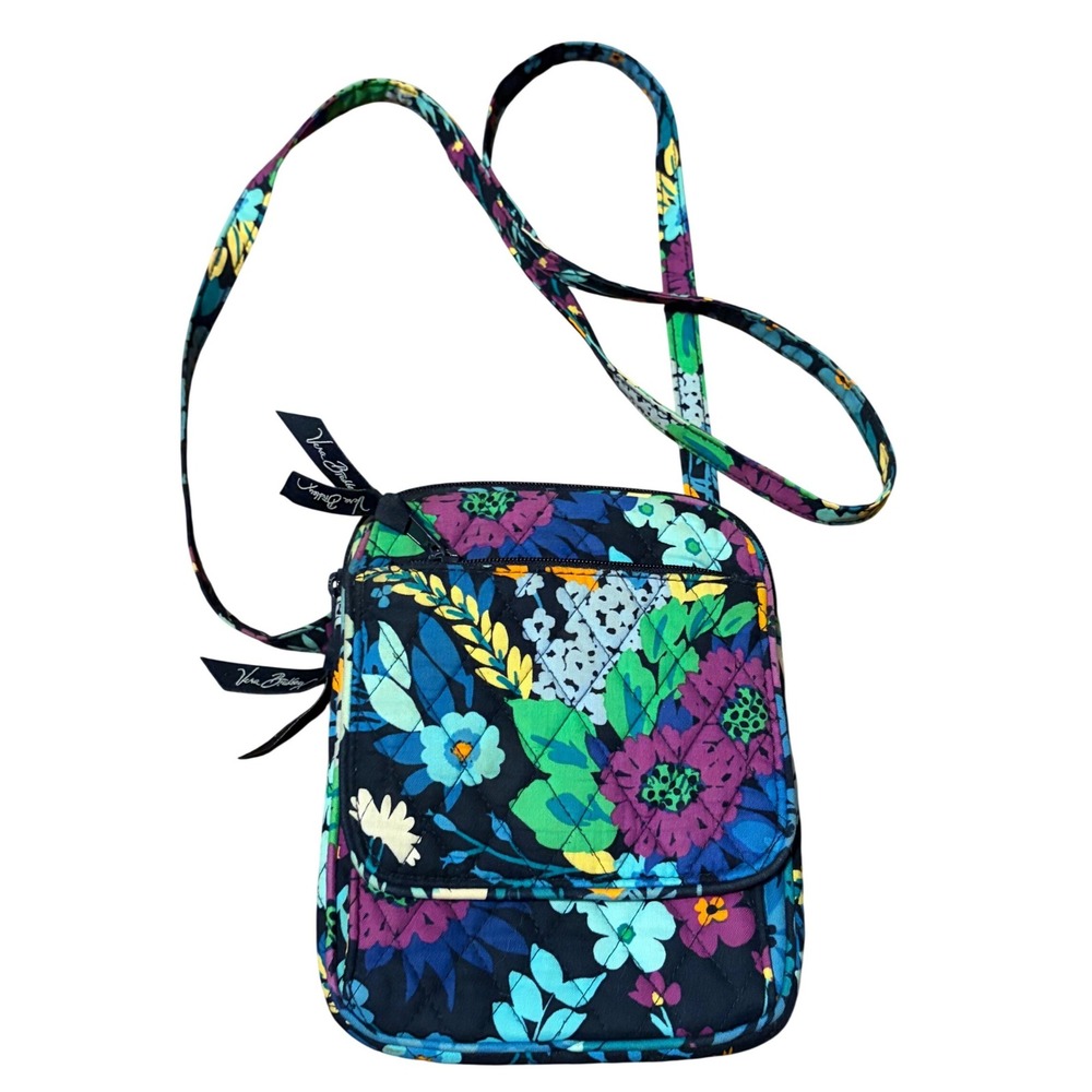 Vera Bradley Crossbody Bag Floral Quilted Blue Purple ID Window Small OS